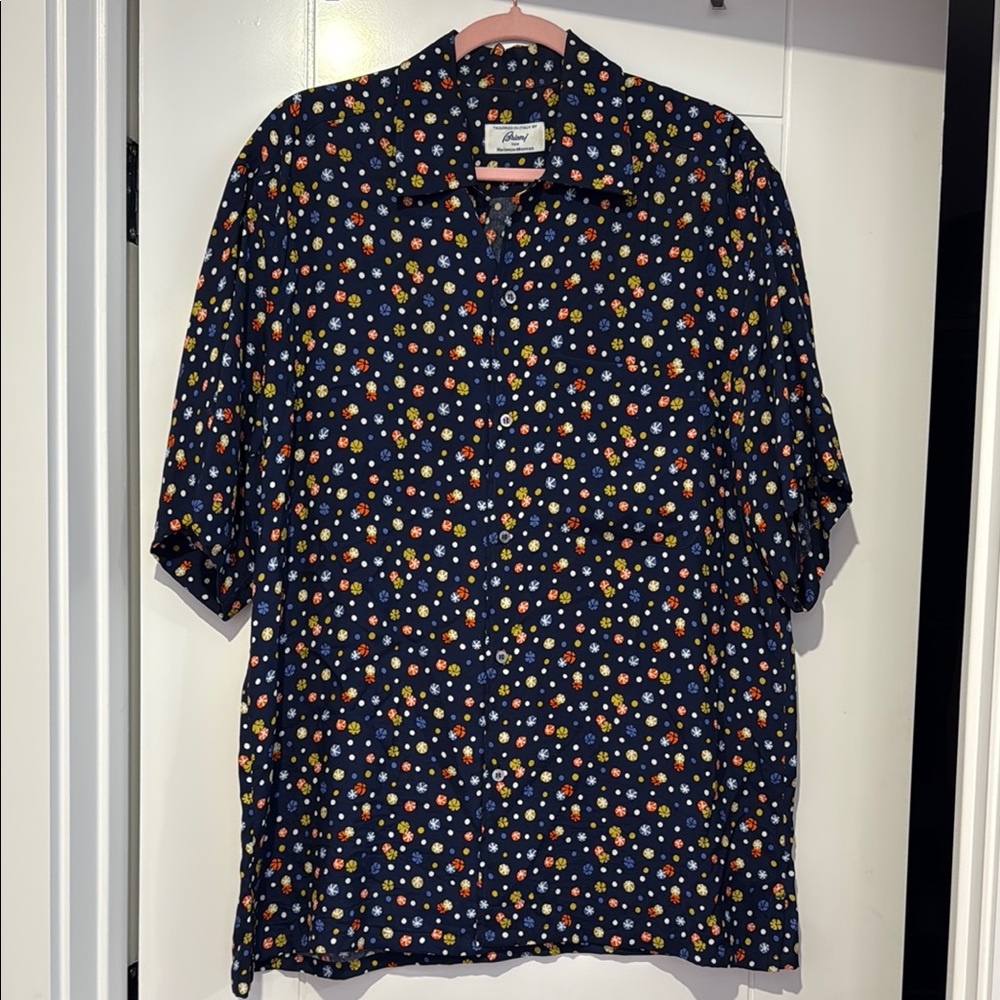 Brioni Navy Short Sleeve Button-Down Shirt with Multicolor Floral Print